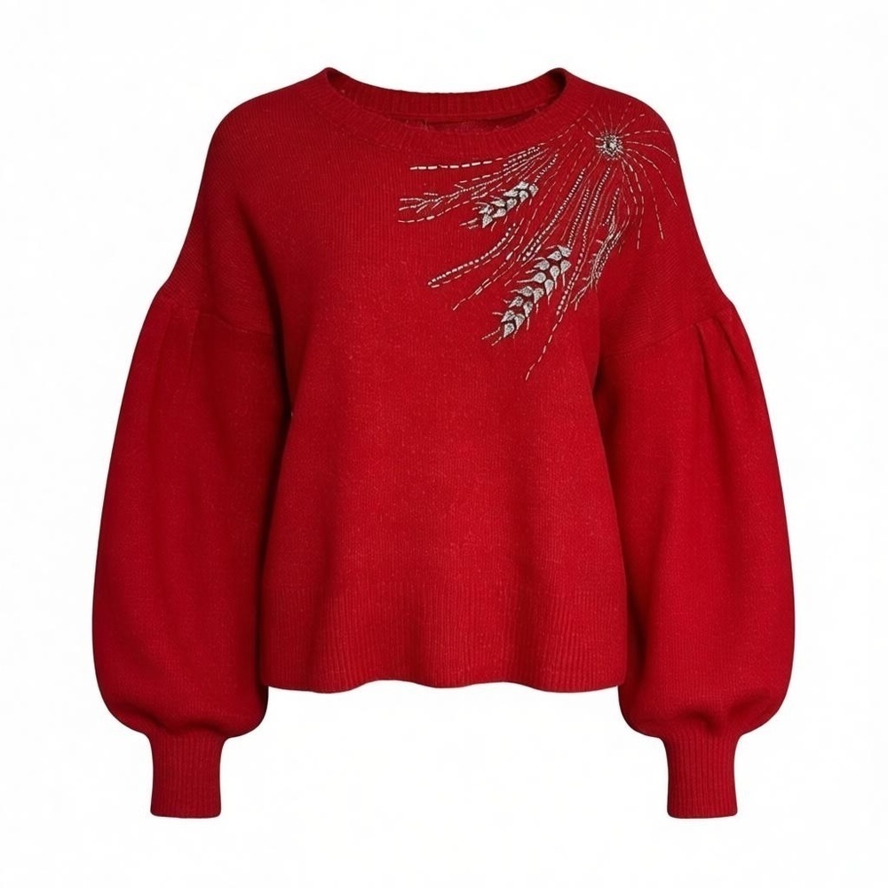 Broadway 38 Vintage Red Rhinestone Embellished Puff Sleeve Sweater Size Large